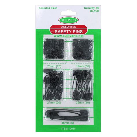 Sullivans Safety Pins 90 Pack Assorted Sizes Black Sullivans