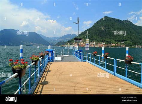 Lake Iseo, Sulzano ferry terminal 2. Lago d'Iseo, Iseosee, Italy. Monte ...