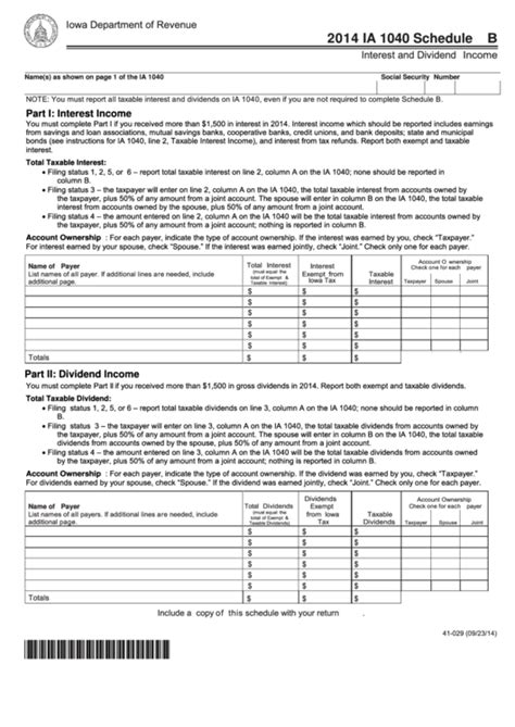 Fillable Schedule B Form Ia 1040 Interest And Dividend Income 2014 Printable Pdf Download