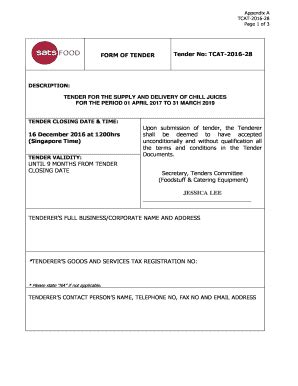 Fillable Online FORM OF TENDER Tender No TCAT 2016 28 16 SATS