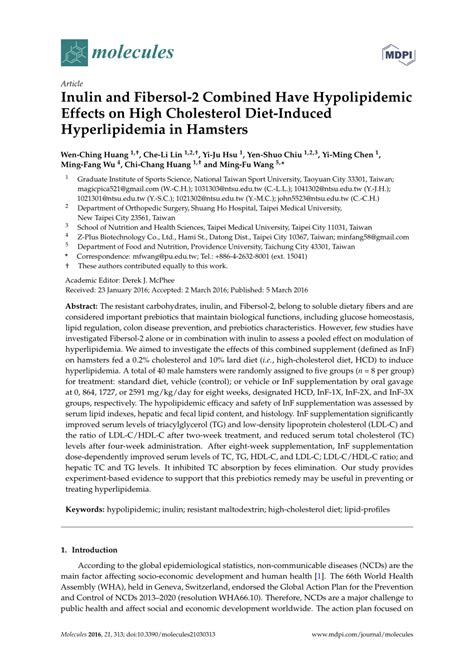 (PDF) Inulin and Fibersol-2 Combined Have Hypolipidemic Effects on High Cholesterol Diet-Induced ...