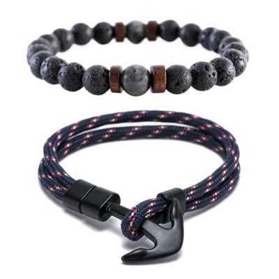 MILLAM Pack 2 Pulsera Piedra Volcánica y Larvikita y Pulsera Outdoor