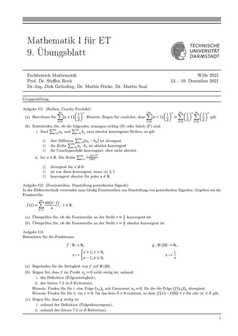 Ueb9 Mathematik I für ET 9 Übungsblatt Fachbereich Mathematik WiSe