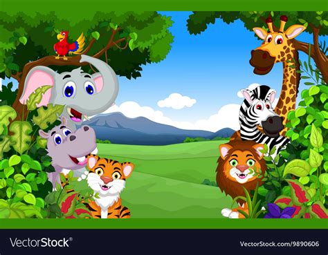 Funny animal cartoon with forest background Vector Image