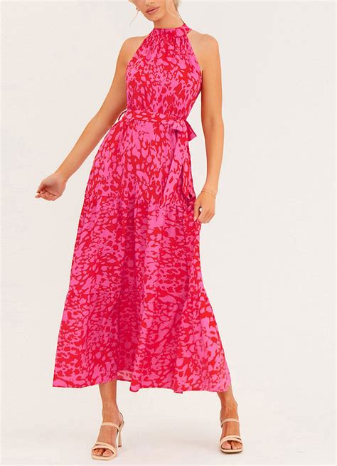 Halter Maxi Jurk Met Print Felroze Jurken Azazie