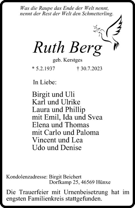 Traueranzeigen Von Ruth Berg Trauer In Nrw De