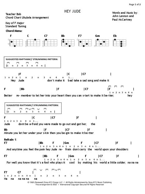 Teacher Bob Hey Jude Ukulele Tab In F Major Download And Print Sku