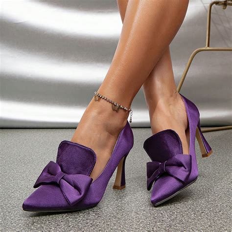 Dark Purple Satin Bow Pumps Elegant Stiletto Pointed Toe Loafer Heels