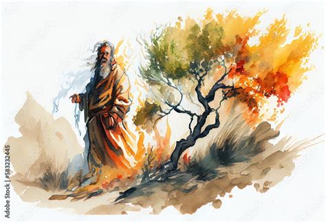 Watercolor Illustration Of A Moses And The Burning Bush Painting