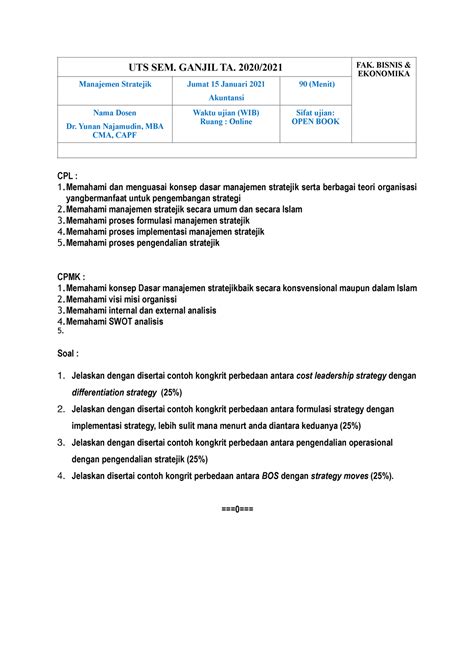 Soal UAS 2020 Dosen Yunan Manjik CPL 1 Dan Menguasai Konsep Dasar