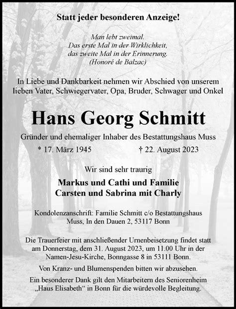 Traueranzeigen Von Hans Georg Schmitt Ga Trauer De