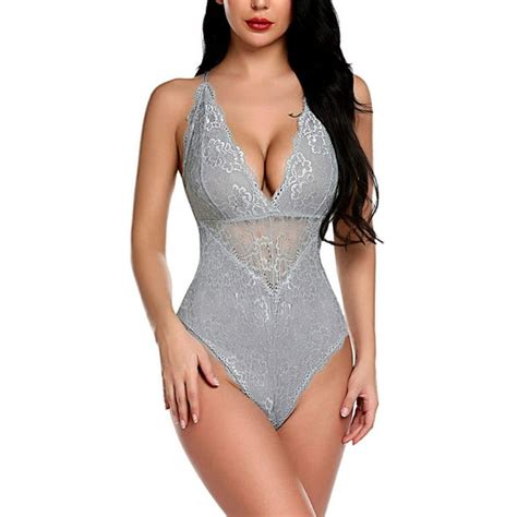 Women Crotch Lingerie Sexy Lace Bodysuit Deep V Teddy One Piece Lace