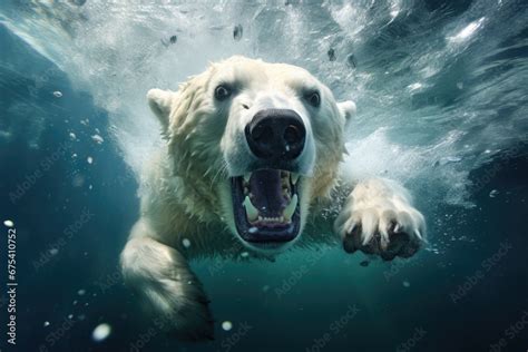 Polar bear swimming underwater in the water. Polar bear swims ...