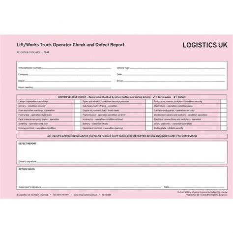 Fc40 Forkworks Truck Driver Defect Report Pad Logistics Uk Shop