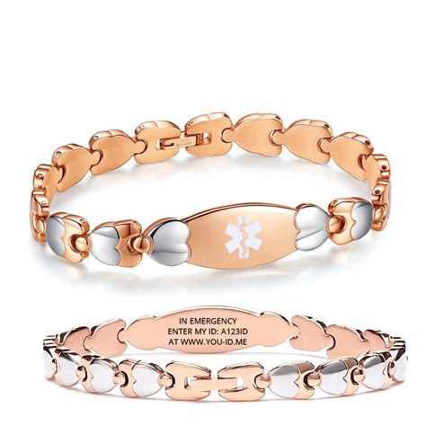 Womens Medical Id Bracelet Rose Gold Hearts Emergency Medical Alert