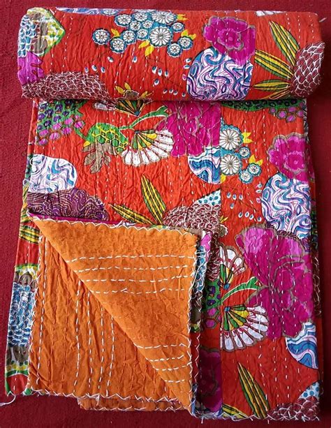 Indian Kantha Quilt Handmade Kantha Bedcover Throw Cotton Etsy Kantha