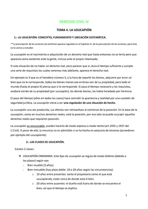 Tema D Civil Iv La Usucapi N Derecho Civil Iv Tema La