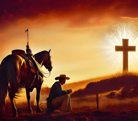 Cowboy Praying At Cross Cowboy Kneeling Craft Graphics By