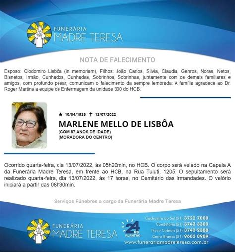 Falecimento Marlene Mello de Lisbôa Rádio Cachoeira