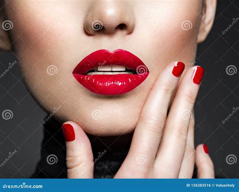 Closeup Female Lips With Red Lipstick Stock Photo Image Of Studio