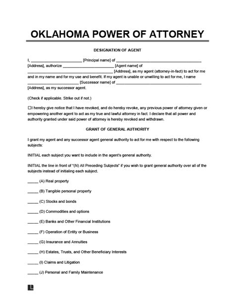 Free Oklahoma Non Durable Power Of Attorney Form Pdf Word