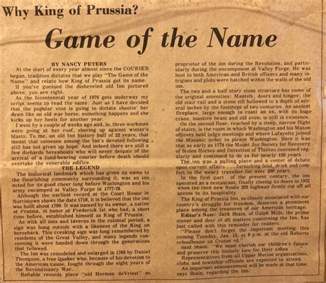 King Of Prussia Historical Society Game Of The Name