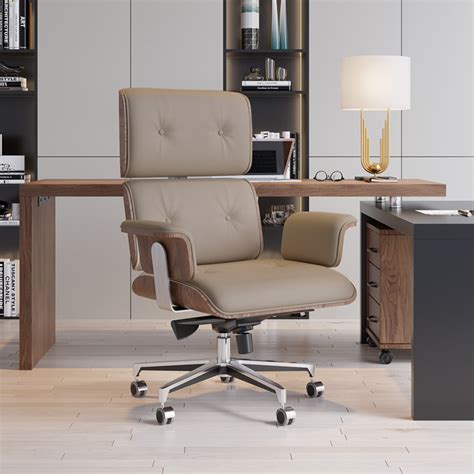 Modern Khaki Home Office Chair Upholstered Swivel Wooden Desk Chair ...