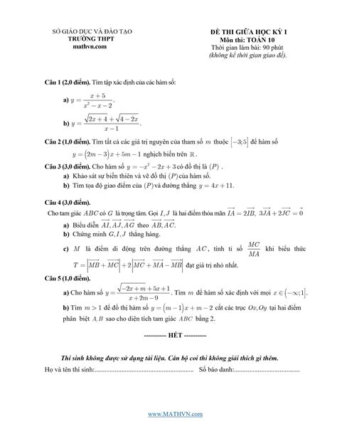 Đề Kiểm Tra Giữa Học Kì 1 Toán Lớp 10 Có đáp án Toán Học Việt Nam
