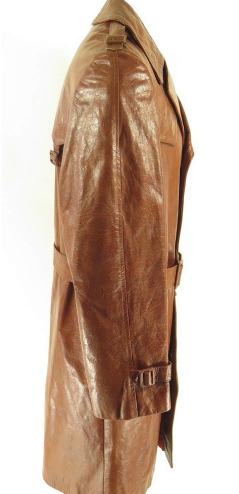 Vintage 70s Brown Leather Spy Trench Coat Overcoat 40 Deadstock The Clothing Vault