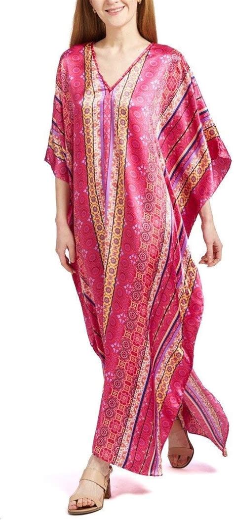 Winlar Pink Caftan Satin Indian Print Maxi Dress At Amazon Womens