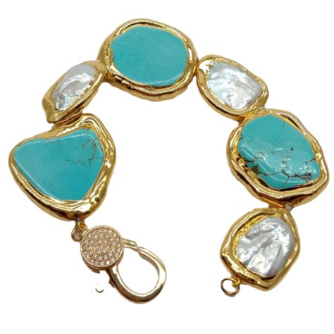 Cultured White Rectangle Keshi Pearl Blue Turquoise Gold Plated Edge