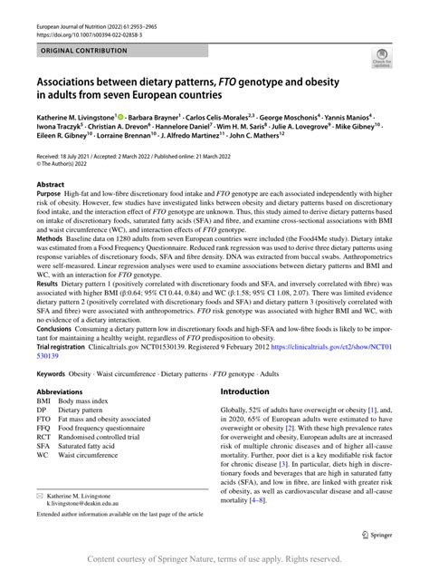 Pdf Associations Between Dietary Patterns Fto Genotype And Obesity