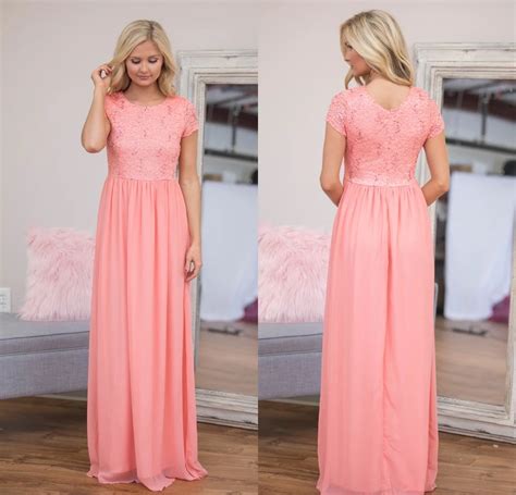 2019 Coral Modest Bridesmaid Dresses With Cap Sleeves A Line Floor