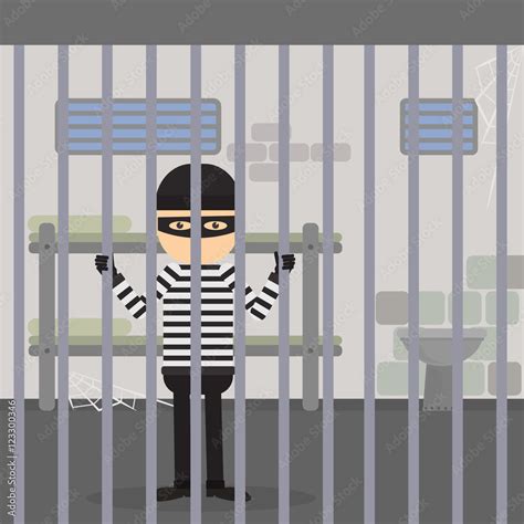 Robber behind the bars. Prisoner sitting in the jail. Funny cartoon character in striped outfit ...