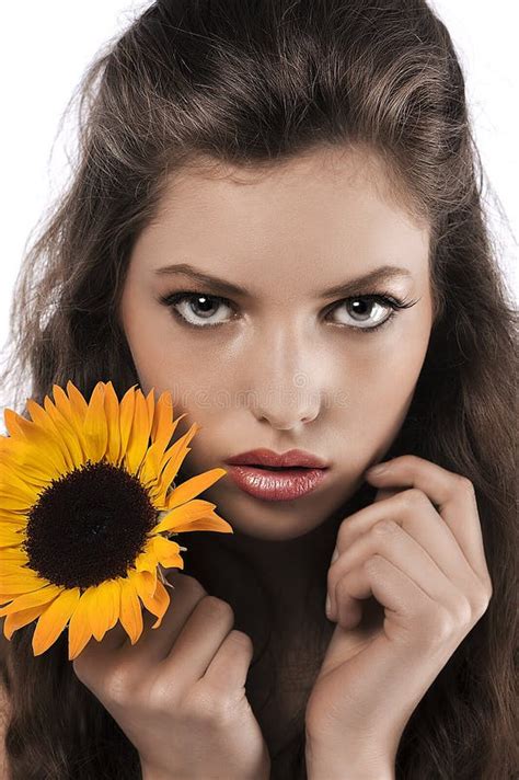 Face Shot Of A Pretty Girl Holding A Sunflower Stock Image Image Of