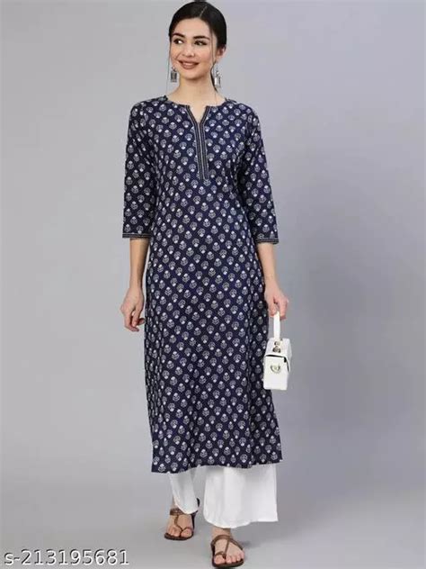 Women Navy Blue And White Ethnic Motifs Printed Thread Work Cotton Kurta