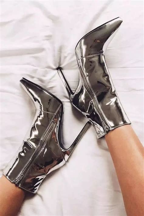 Metallic Silver Pointed Stiletto Heeled Ankle Boots Stiletto Heels