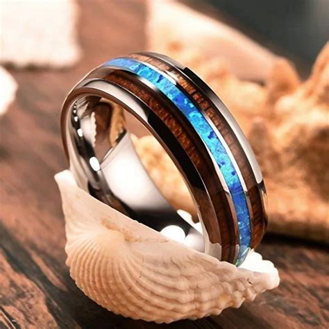 Mm Hawaiian Koa Wood And Abalone Shell Tungsten Carbide Ring Wedding