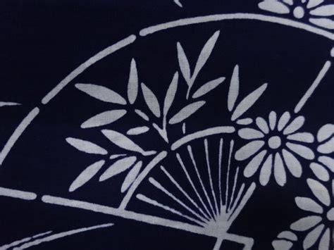 Yukata Fabric 642 Japanese Fans And Flowers Dark Navy Indigo