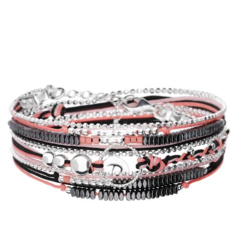 Bracelet Corail Hématite Triple Tours Anneau Diamanté DORIANE