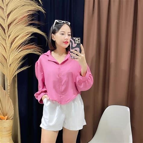 SHINE FASHION ATASAN KEMEJA CROP PUFF CHIA LENGAN PANJANG BAJU CROP