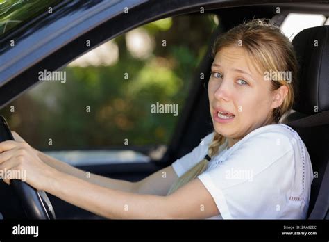 Woman Driver Scared Shocked Before Crash Or Accident Stock Photo Alamy