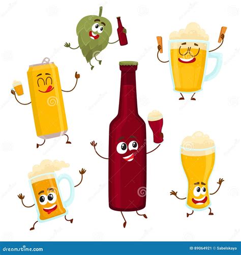 Smiling Funny Beer Bottle Glass Can Mug Hop Characters Mascots