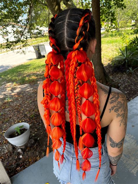 Orange And Red Festival Bubble Braids Braided Ponytail Etsy In