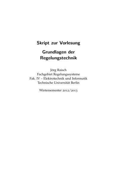 Skript Zur Vorlesung Grundlagen Der Regelungstechnik