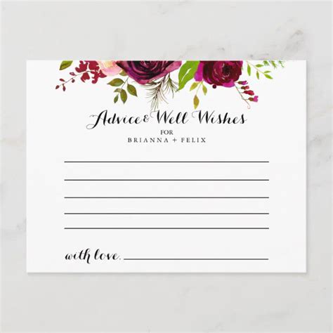 Rustic Blush Burgundy Floral Wedding Advice Card Zazzle