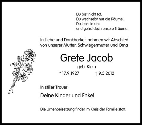 Traueranzeigen Von Grete Jacob Trauer In Nrw De