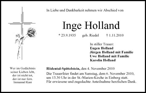 Inge Holland Traueranzeige Trauer Infranken De