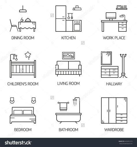 stock-vector-set-of-line-vector-interior-design-room-types-icons-linear-style-illustrations ...