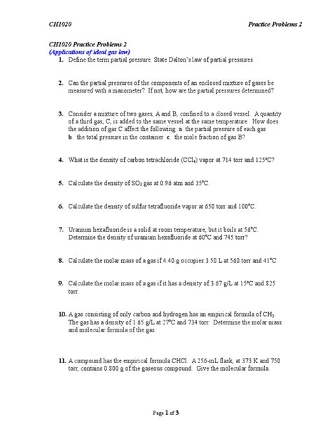 Practice Problems 2 Applications Of Ideal Gas Law Gases Density